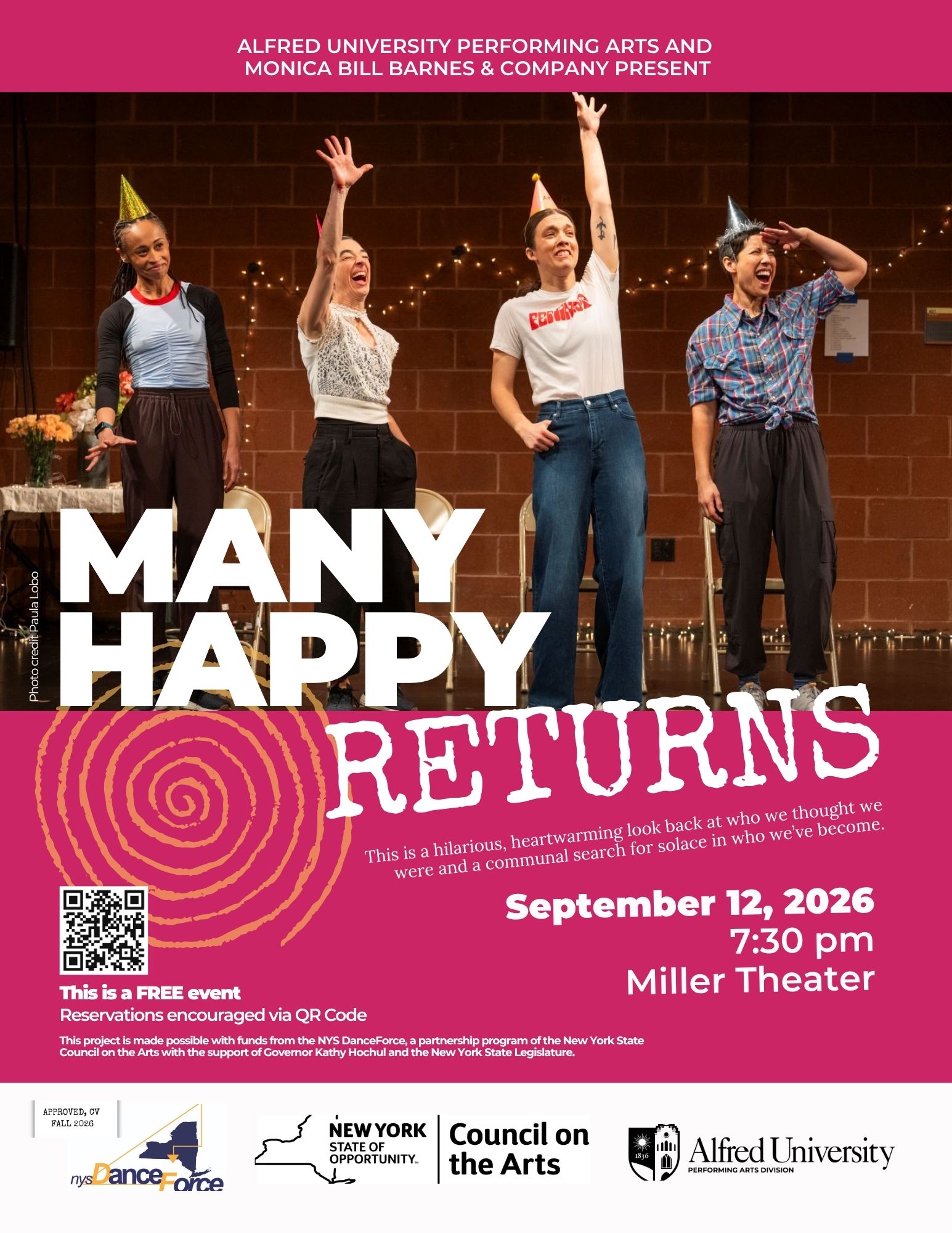 theatre poster of people on stage wearing party hats with backdrop of string lights and brick