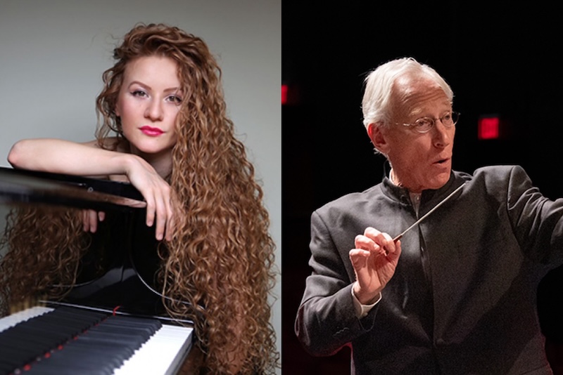 A split image showing a woman with long curly auburn hair leaning on a grand piano on the left, and an older man with white hair conducting with a baton on the right.