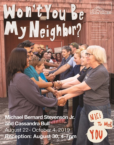 poster for won't you be my neighbor featuring people standing across from one another and joining hands