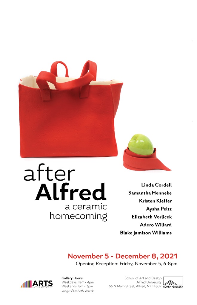 poster graphic featuring a read bag and a green apple wrapped in similar red ribbon and exhibit details