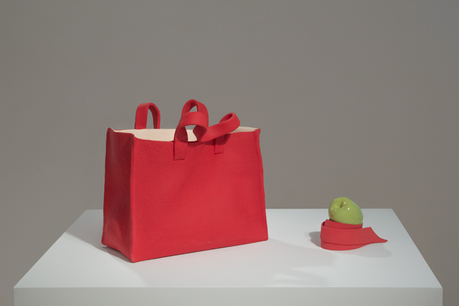 red bag and a propped up green apple