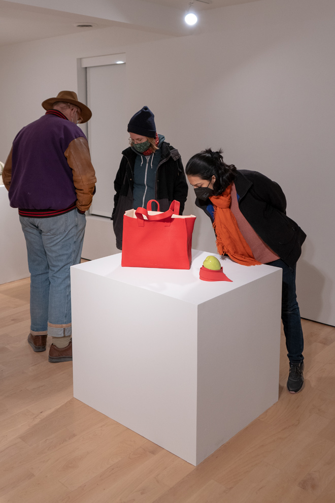 people viewing red bag piece
