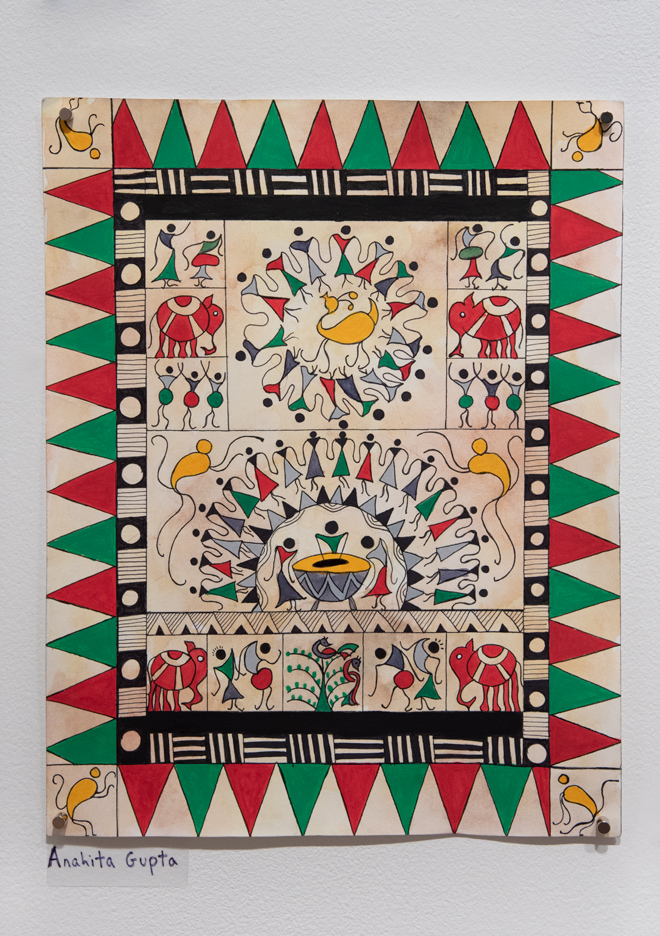 very patterned and intricate drawing with strong uses of red, green, yellow, and black
