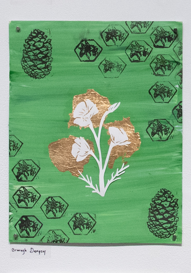 green paint background with bee patterns, and flowers in the center with gold leaf
