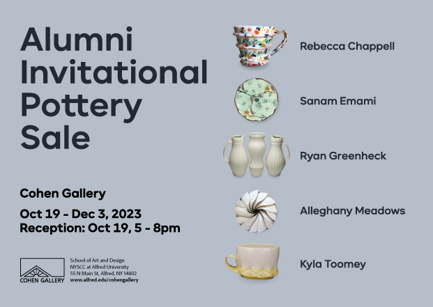 blue postcard with pottery