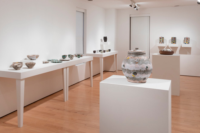 other side of gallery space with various pottery displayed