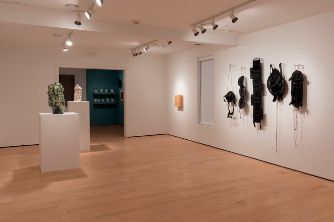 empty gallery space with harnesses hung on the wall and various artwork displayed 