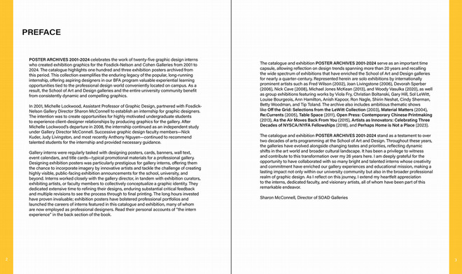 An open spread from the Poster Archives 2001–2024 catalogue showing the preface written by Gallery Director Sharon McConnell on the right-hand page, and an introduction to the internship history and exhibit details on the left.