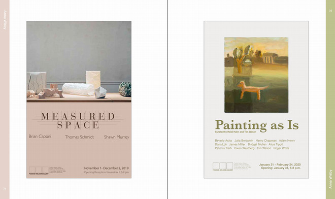 An open spread from the Poster Archives 2001–2024 catalogue showing two exhibition posters: “Measured Space,” featuring a minimal still life on the left, and “Painting as Is,” with a stylized dog painting and exhibition details on the right.