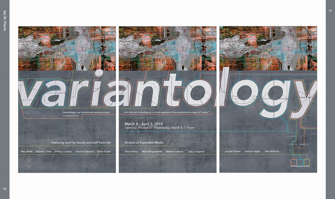 A two-page spread from the Poster Archives 2001–2024 catalogue featuring the exhibition “Variantology.” The design includes a three-panel layout with abstract, textured imagery and bold typography across a gray-blue background. The exhibit was held from March 4 – April 3, 2015, showcasing work by faculty and staff from the Division of Expanded Media.