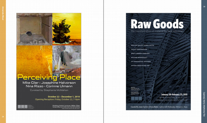 A spread from the Poster Archives 2001–2024 catalogue displaying two exhibition posters. On the left is “Perceiving Place,” with a warm-toned abstract composition; on the right is “Raw Goods,” featuring industrial textures in a monochrome blue palette. Each includes exhibition titles, artist names, and dates.