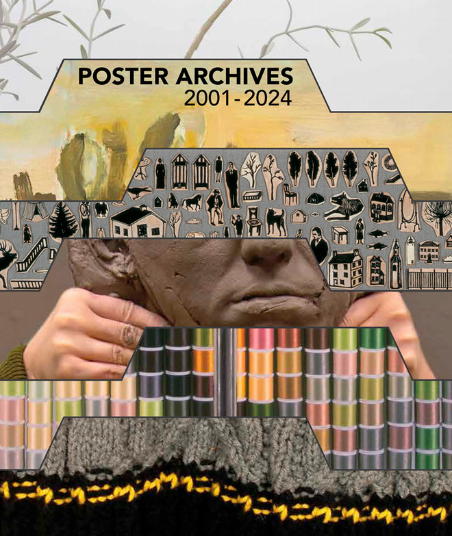 The front cover of the Poster Archives 2001–2024 catalogue, designed by Jemma Lindquist. The design features layered visual textures including paintings, ceramic glazes, sculpted hands, knitted fabric, and line illustrations of buildings, animals, and trees, creating a collage-like timeline of artistic media.