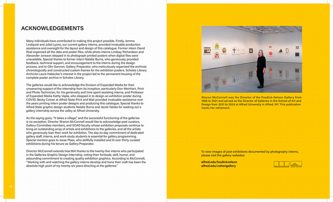 A spread from the Poster Archives 2001–2024 catalogue featuring acknowledgements on the left and a full-page yellow panel on the right with a photo of Gallery Director Sharon McConnell standing in a gallery. The spread thanks interns, staff, and faculty for their contributions to the exhibition and publication.