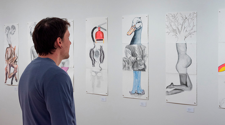 person looking at drawings on the wall