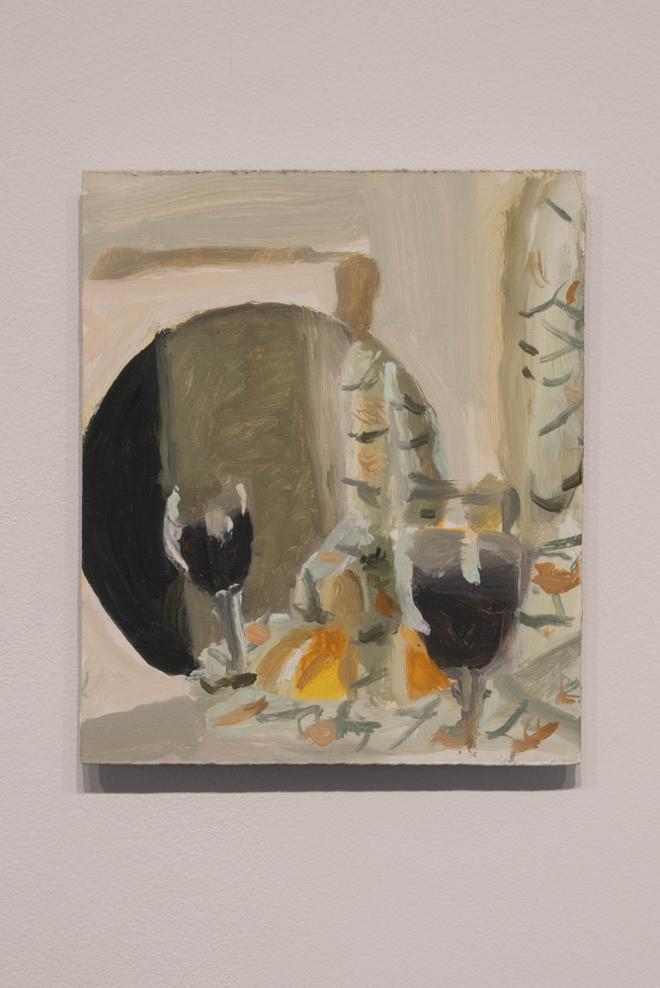 Painting of what appears to be a table with wine glasses and a mirror in the background