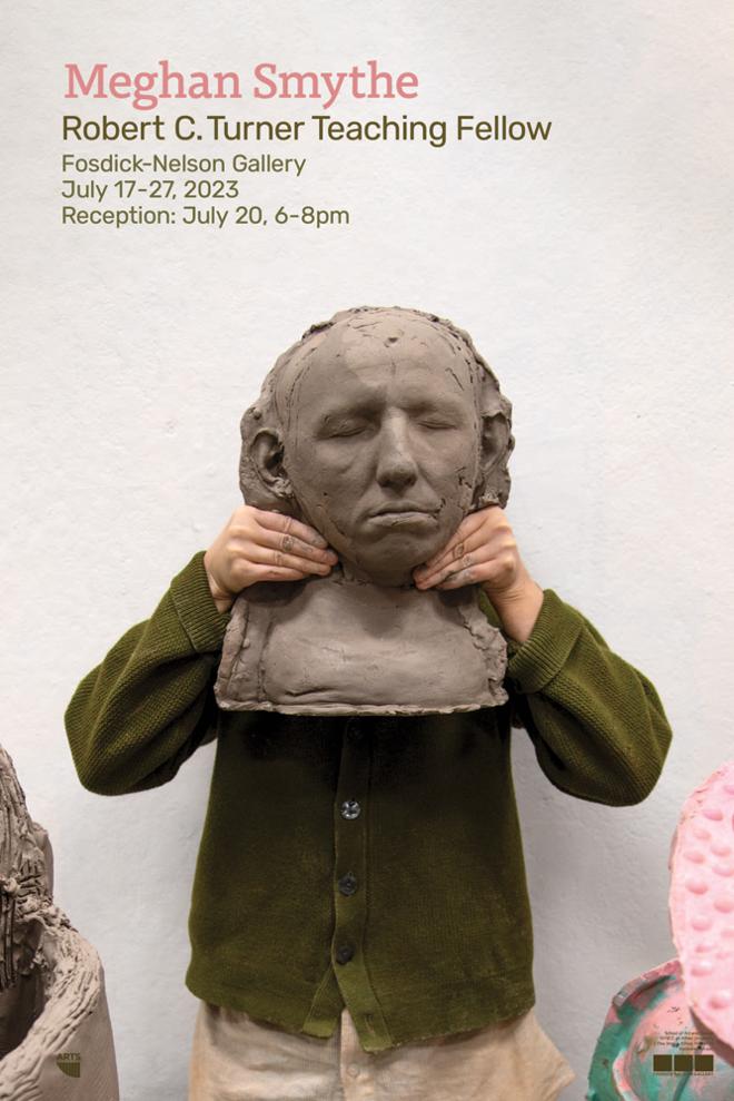 poster details with person holding up a bust sculpture in front of their face