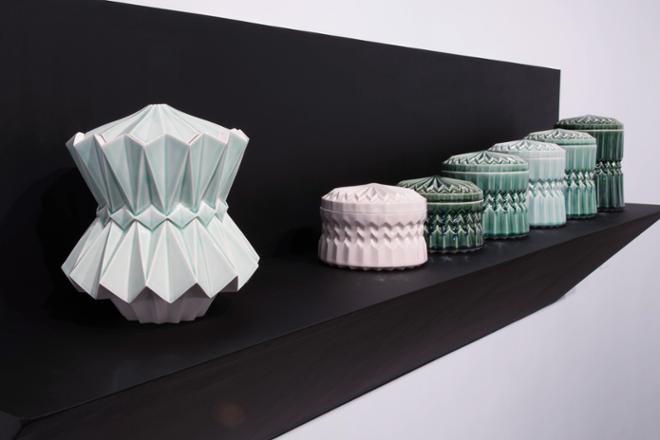 close up of shelf of ceramic pieces