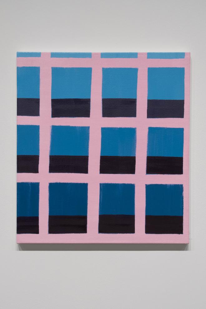 Painting of rectangles that are blue on top and black on the bottom in a grid with a pink background