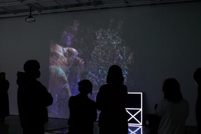 group of people observing video projection on the gallery wall