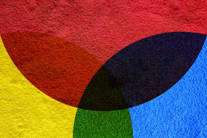 the three main color circles blue, yellow and red all intersecting creating mixed colors in between
