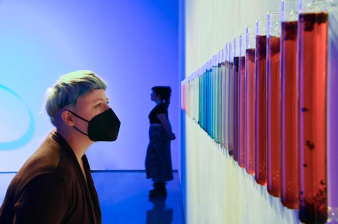 Person Wearing Mask Looking at Color Tubes