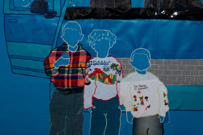 detail of art by Arleene Correa Valencia using repurposed family clothes