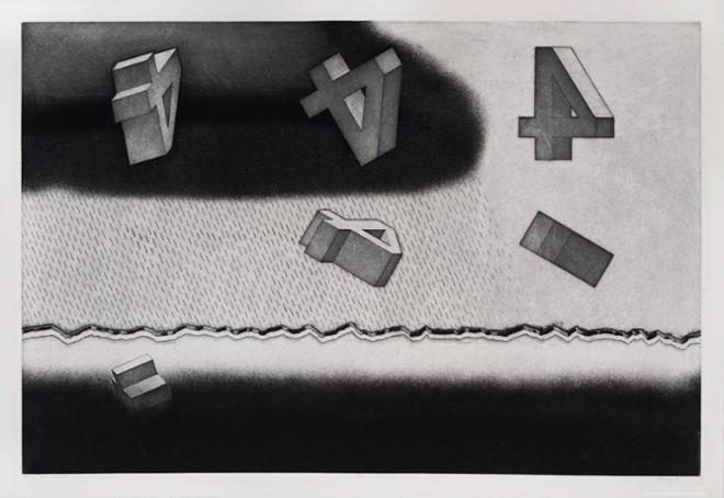 black and white print with various 3D number four at different angles