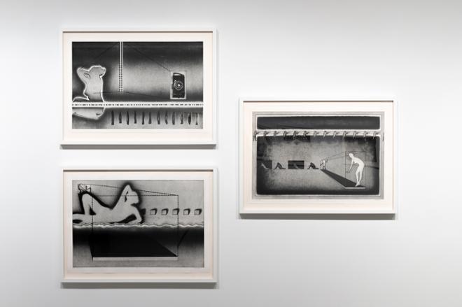 three black and white prints grouped together