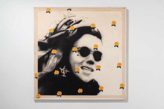 black and white portrait print with colorful geometric pattern