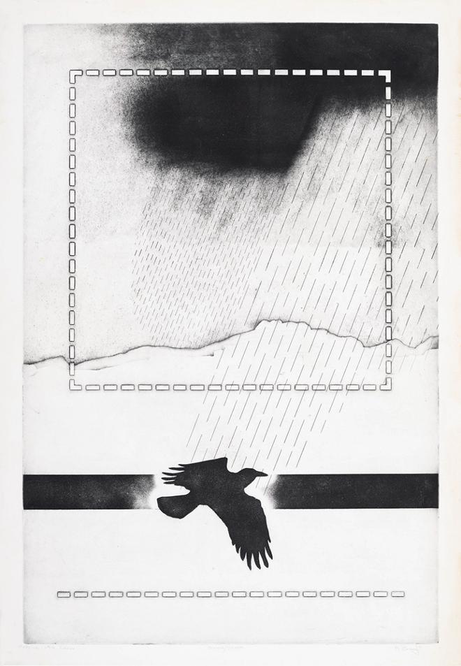 black and white print of crow and a storm cloud with geometric rain pattern
