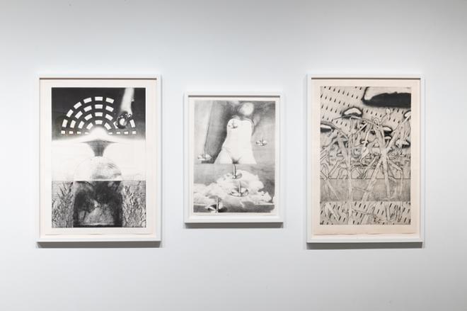 three black and white prints grouped together