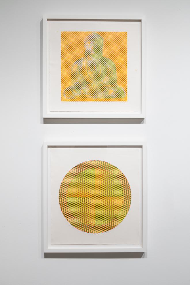 two yellow and green prints grouped together