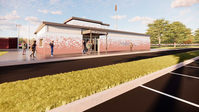 rendering of external view of saxon hill complex with the track and parking in view
