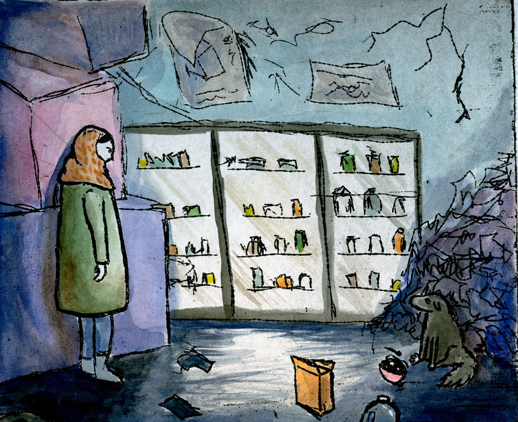 a woman walking in on a dog staring back at her