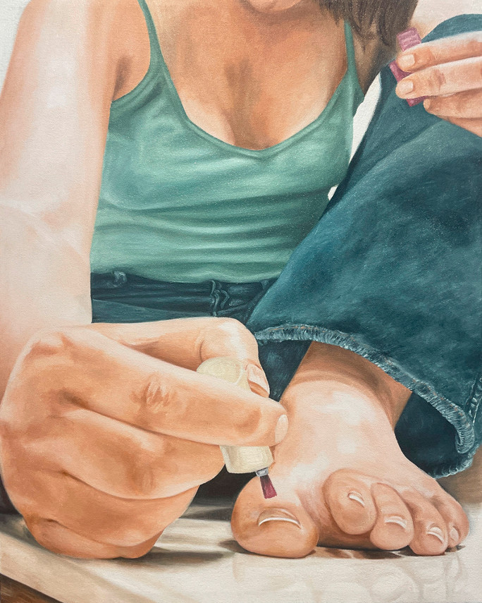 painting of a girl painting her toenails with nail polish
