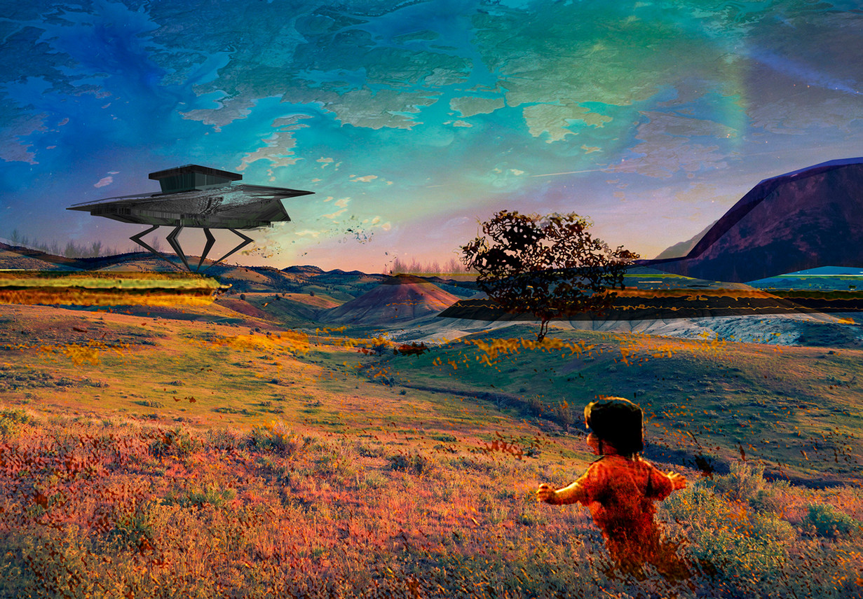 A surreal landscape featuring a child in a red shirt standing in a grassy field, gazing toward a distant horizon. Rolling hills stretch across the middle ground, sparsely dotted with vegetation. Dominating the scene is a large, futuristic, four-legged structure resembling a spaceship or mechanical walker, perched atop the hills. The sky above is a vivid swirl of blue, green, and orange hues, casting an ethereal glow over the terrain and evoking a sense of wonder and otherworldliness.