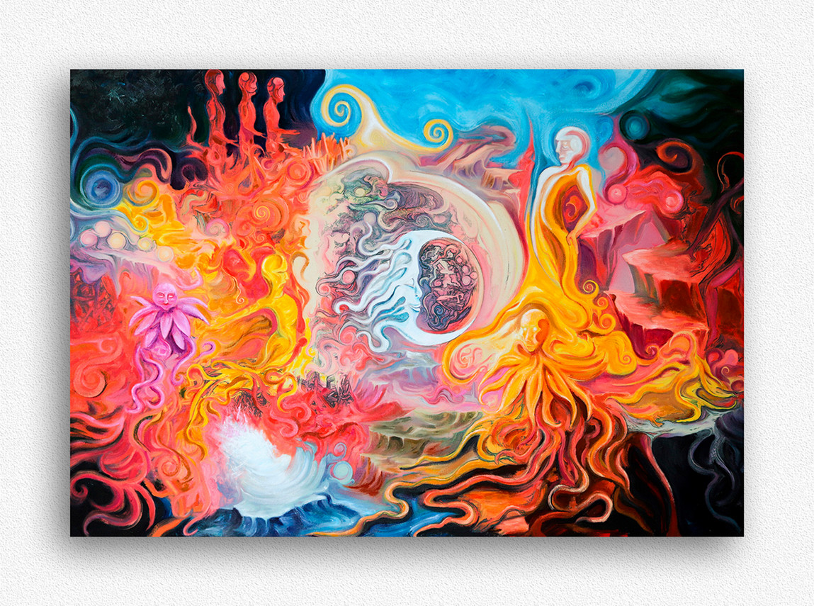 colorful painting of mystical landscapes and people