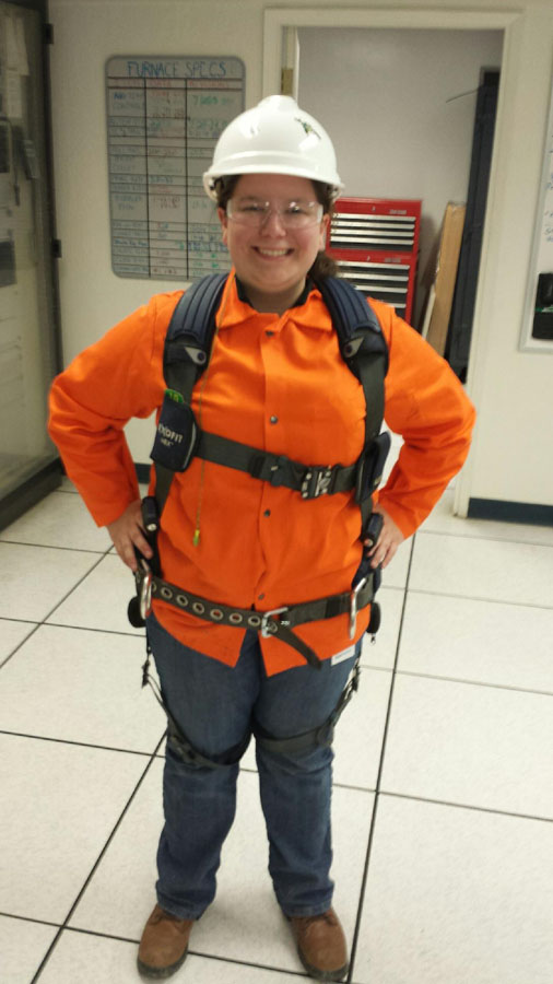 Internship student wearing a protective hard hat