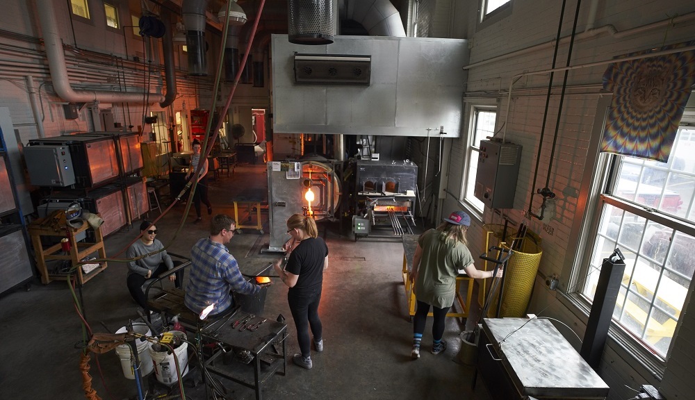 aerial view of the hot shop with students inside working