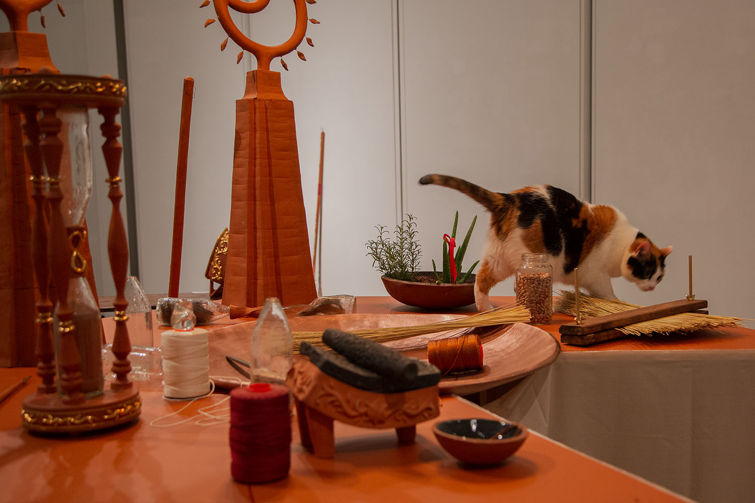 Cat exploring a table with hourglass, thread spools, and wooden sculptures.
