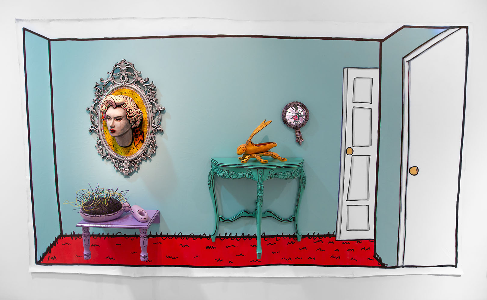 Surreal room with a framed face, green table, golden rabbit sculpture, and clock.