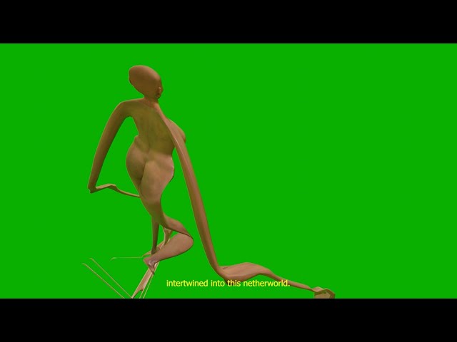 Abstract humanoid figure with elongated limbs on a bright green background, with the text 'intertwined into this netherworld.'