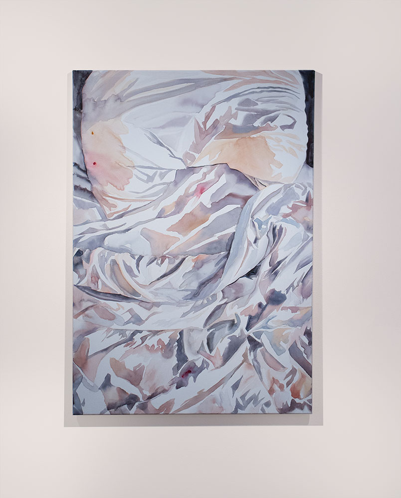 Detailed painting of crumpled sheets in white and beige tones with textured shading.