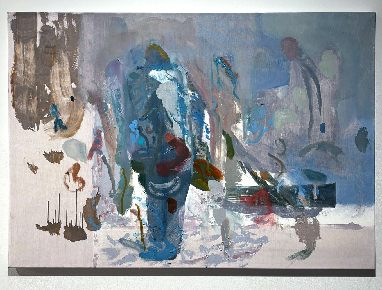 Abstract painting with blue, grey, and brown tones and indistinct shapes.