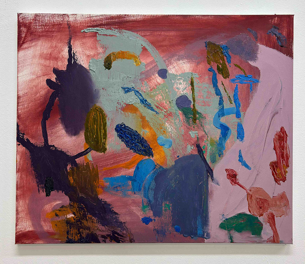 Red-toned abstract painting with splashes of blue, green, purple, and orange.