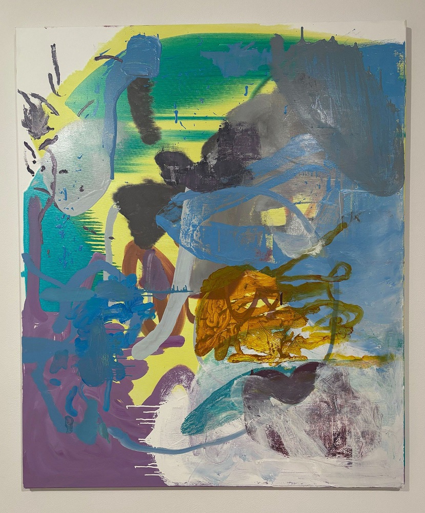 Bright abstract painting with a yellow-green background and purple, blue, and orange accents.