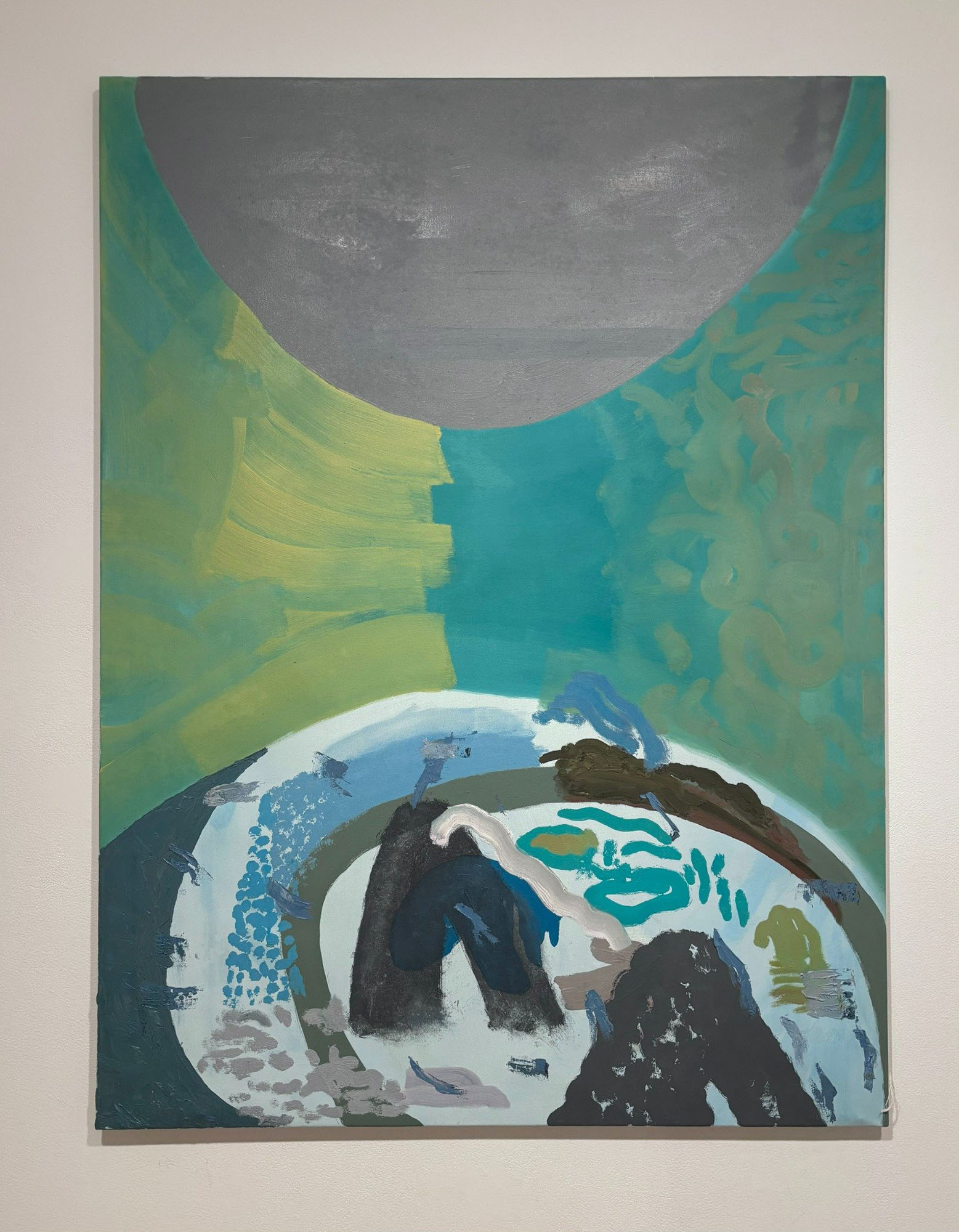 Abstract artwork featuring a large grey circle with green and blue shades and layered shapes