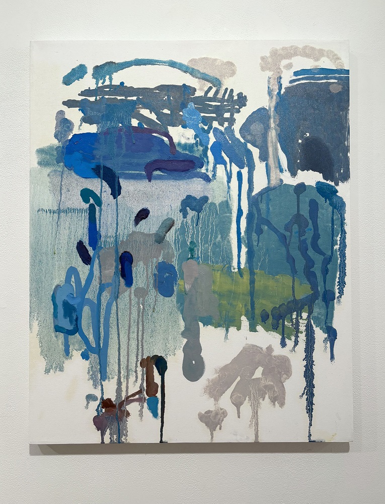 Drip-style abstract painting with blue, green, grey, and brown on white.