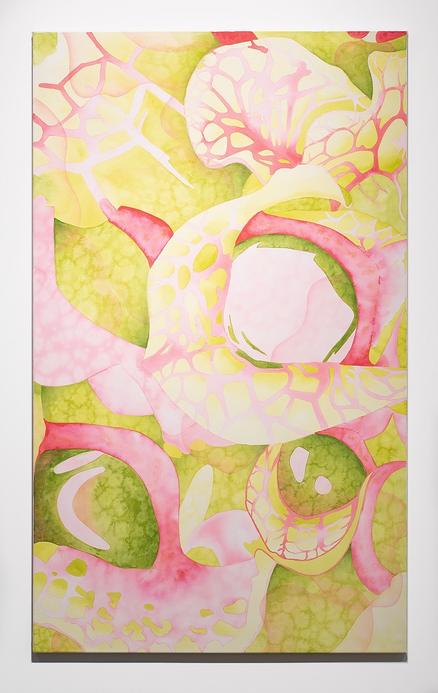 Bright abstract artwork featuring pink and green organic shapes.
