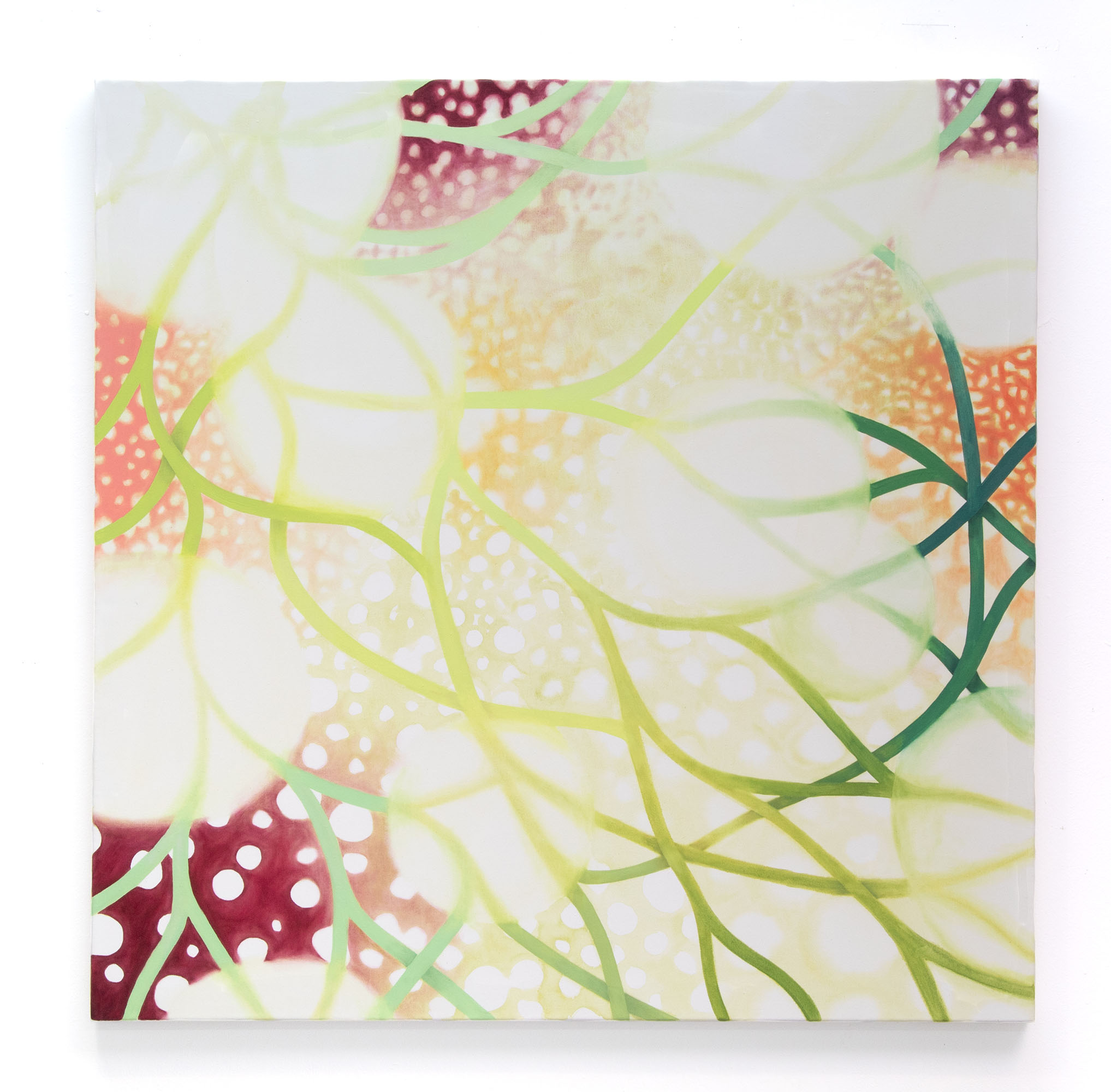 Delicate abstract painting with green lines and dots on a light background.
